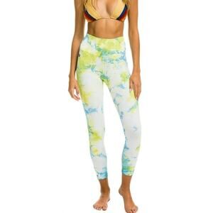 Aviator Nation Hand Dyed Cropped High Rise Leggings Tie Dye Neon Yellow Pants